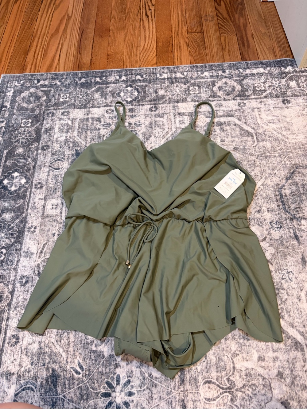 Time and Tru Olive Green One-Piece Swim Romper with Drawstring